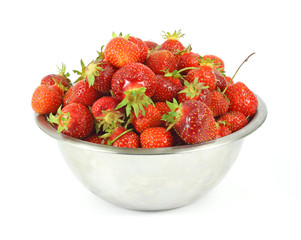 Home picked strawberries in a stainless steel bowl