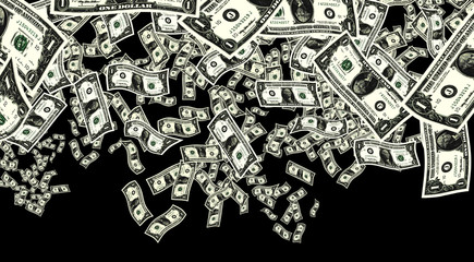 close up shot of several one American dollar on black background