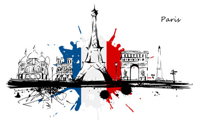 Paris monuments drapeau - obrazy, fototapety, plakaty