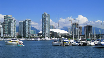 Vancouver waterfront marina on a clear blue summer day
