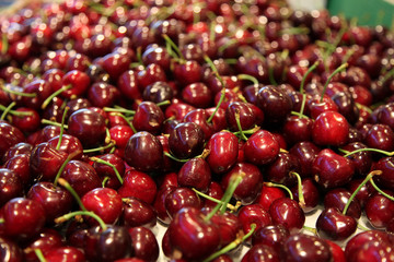 Cherries in bunches for sale at a food market