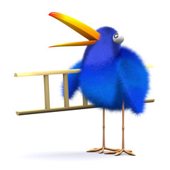 3d Blue bird brings a ladder