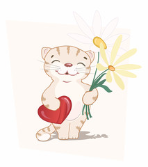 Pretty little cat with bunch of flowers and gift