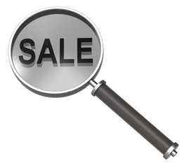 Magnifier with sale sign isolated on white.