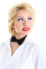 woman in white shirt and black bow-tie