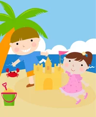 Poster Kinderen bouwen een zandkasteel © mikoo