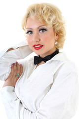 woman in white shirt and black bow-tie