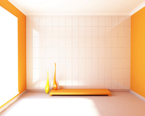 White tiled and orange walls.