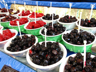 Damsons and plums in street food stall
