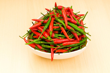 Hot peppers in the plate on wooden table
