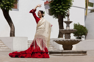 Traditional Woman Spanish Flamenco Dancer In Red Dress - obrazy, fototapety, plakaty
