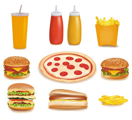 Photo-realistic vector. Big group of fast food products.