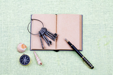 the closeup of old book with pen on white