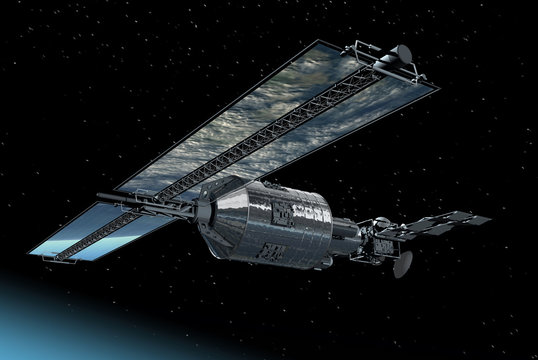 Telecommunication Satellite with solar panels reflecting Earth