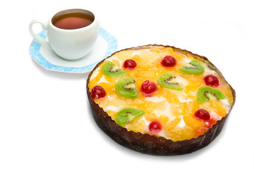 Pie fruit with cottage cheese and cup with saucer