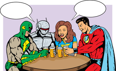 Superheroes having beer, celebrating good times. © Danomyte