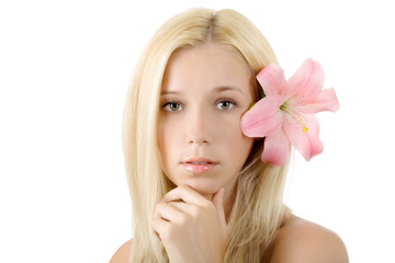 Obraz na płótnie Canvas Beautiful blond woman with pink lily isolated on white