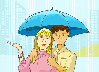 Illustration of young couple sharing in one umbrella