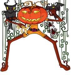 Halloween pumpkin monster with friends in vector illustration
