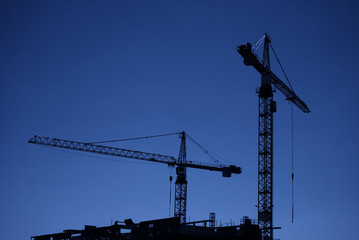 construction cranes at dusk