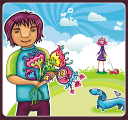 Young boy and dog are waiting for their girlfriends