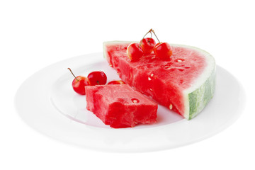 watermelon slice and cherrys on white