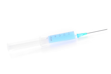 syringe with blue liquid isolated on white
