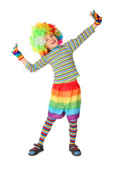 little boy in clown dress standing isolated on white background