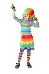 little boy in clown dress pointing at side isolated on white