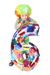 boy in clown dress with balloon shape six isolated on white