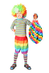 boy in clown dress with multicolored baloon isolated on white