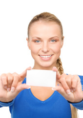 happy woman with business card