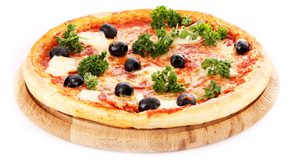 Pizza with olives .isolated on white