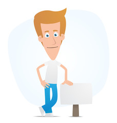 Casual man stands beside the blank board