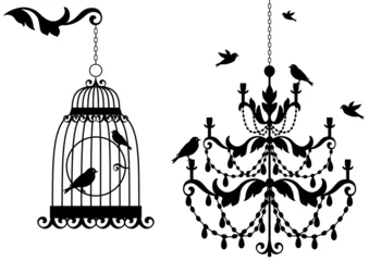 Wall murals Birds in cages antique birdcage and chandelier with birds, vector
