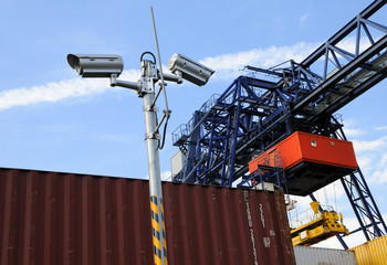observation camera at container harbour - obrazy, fototapety, plakaty