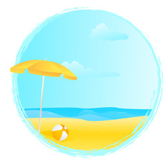 Fototapeta na wymiar Round summer banner with umbrella and ball