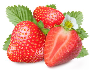 Tempting strawberries with leaves and flower.