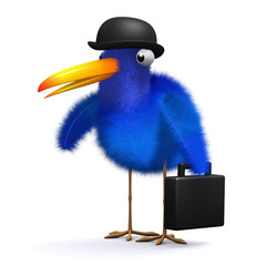 3d Blue business bird and briefcase (wearing bowler)