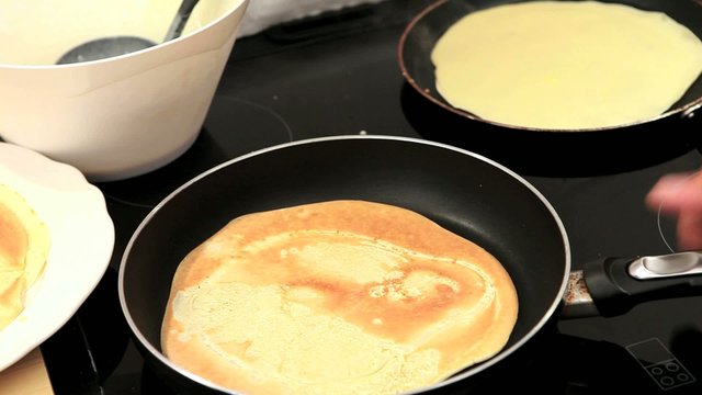 Baking pancakes closeup