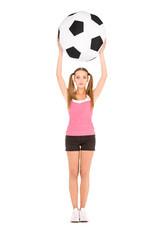 lovely woman with big soccer ball