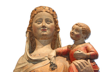 Mary and Baby Jesus ancient statue isolated white background
