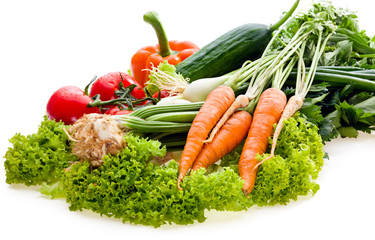Raw juicy vegetables on white background
