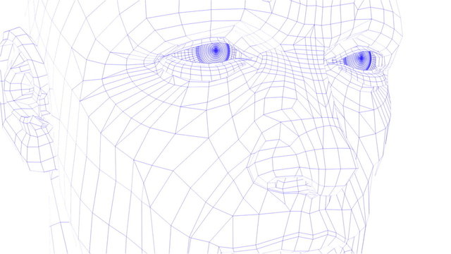 Close up of face of wireman which turns