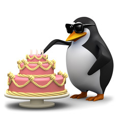 3d Penguin cuts a slice of cake