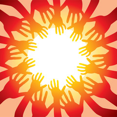 vector illustration of many hands around hot sun