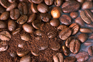 fragrant fried coffee beans close-up