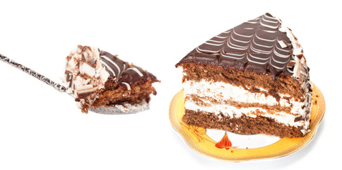 Spoon with piece of chocolate cake.