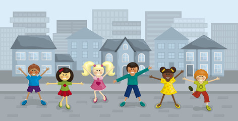 Happy multi-ethnic kids with urban background