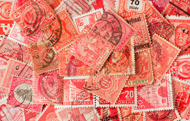 collection of red old postage stamps